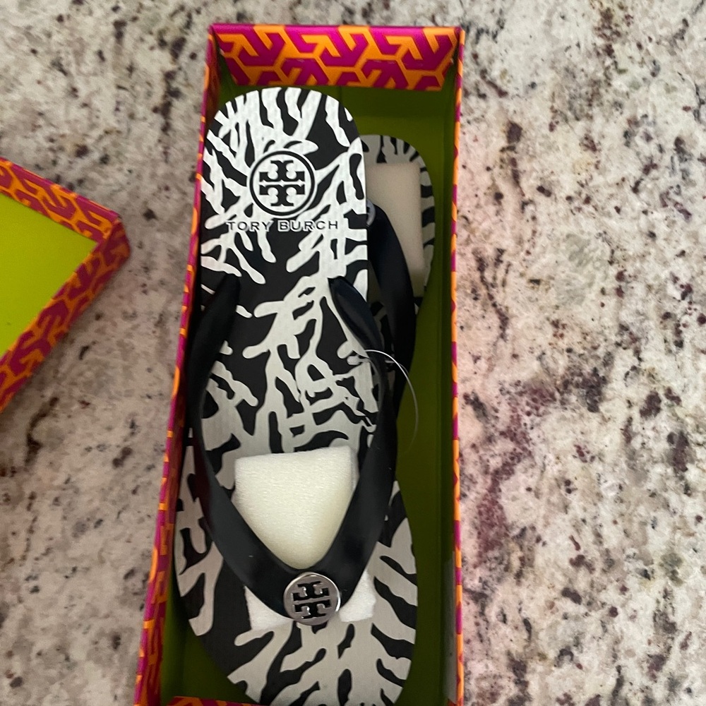 Tory Burch Black and Coral Flip Flops